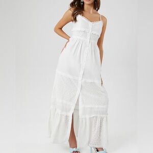F21 White Lace-Panel Broderie Cami Maxi Dress